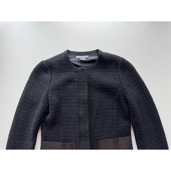 VINCE Black Wool Boucle Knit Lamb Leather Minimalist Collarless Jacket, Size 2 - Picture 5 of 14